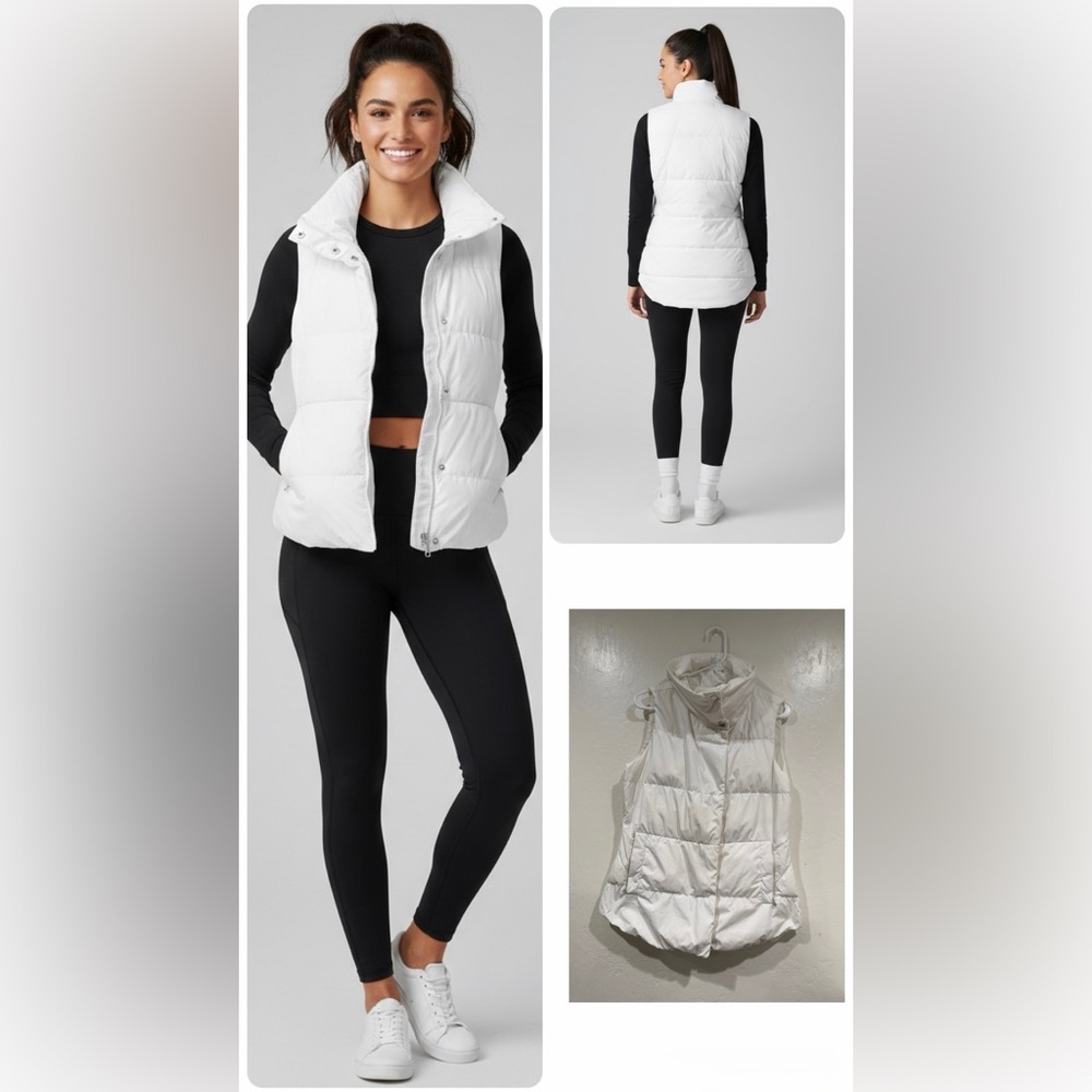 Athleta White Downtown Quilted Full Zip High Stand-Up Collar Puffer Vest size M